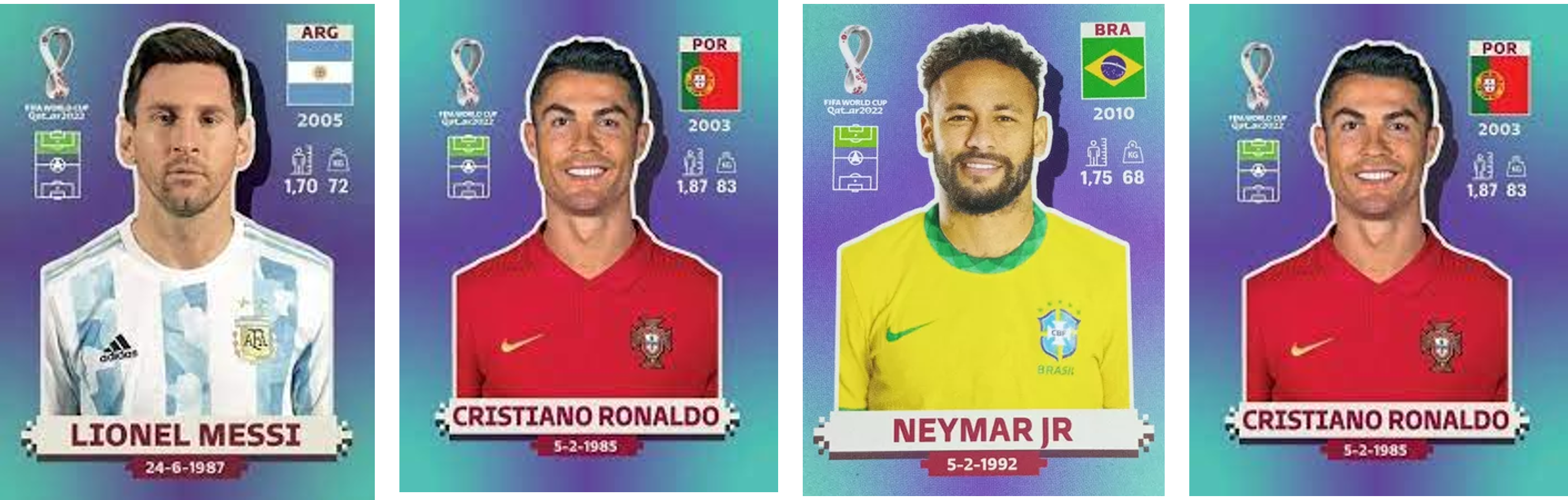 Estampas de la FIFA WC QATAR 2022, aparecen de izquierda a derecha Lionel Messi, Cristiano Ronaldo, Neymar Jr y Cristiano Ronaldo de nuevo.